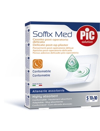 CEROTTO PIC SOFFIX MED IN TNT CON TAMPONE CENTRALE ASSORBENTE STERILE MONOUSO 10X10 CM ANTIBATTERICO 5 PEZZI - Farmacia Grosotto